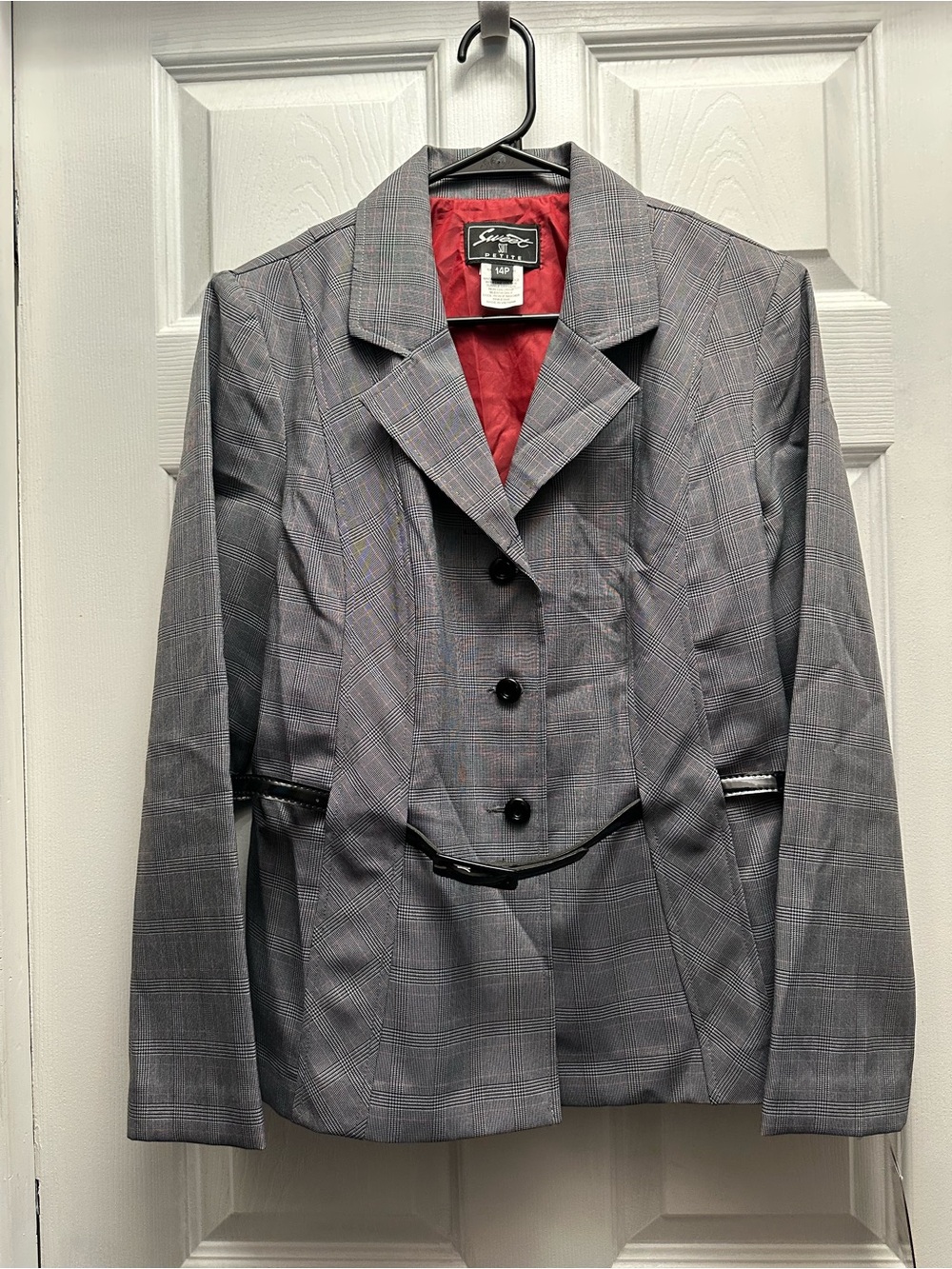 Sweet Suit Gray Plaid Blazer with Red Lining and Black Belt